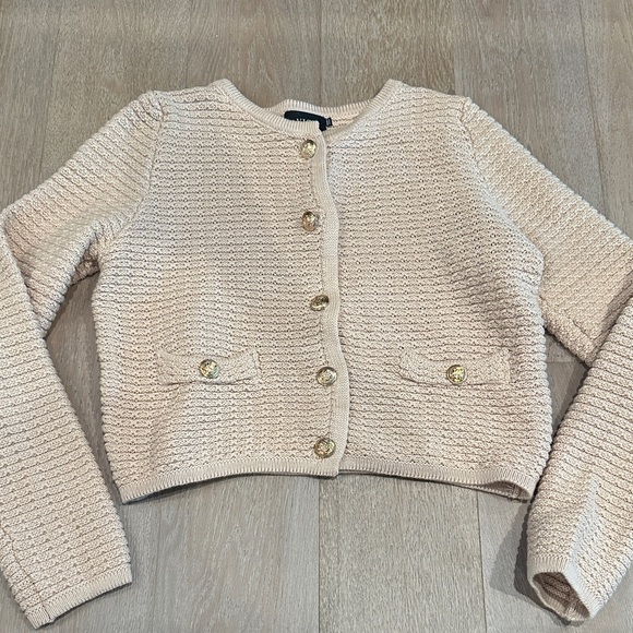 Vici Sweaters - Vici Textured Cream Cardigan with Gold Accents